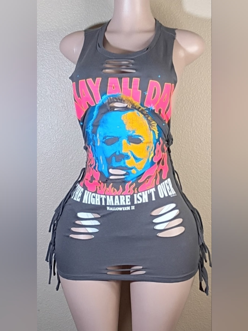 Custom Distressed Graphic Fringe Tank Dress in Charcoal with Neon Print - Picture 3 of 4